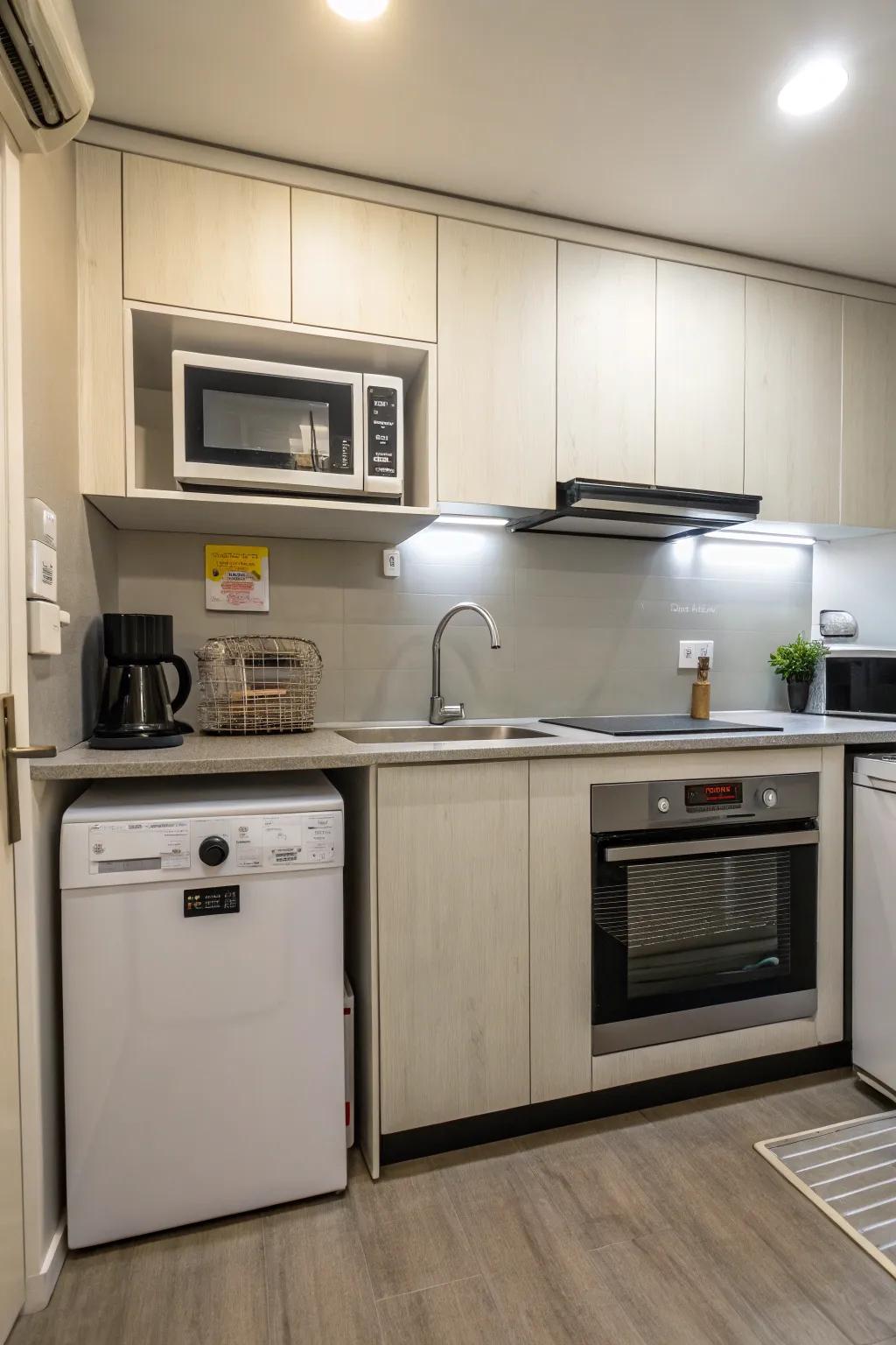 A space-saving microwave positioning above the dishwashing machine.