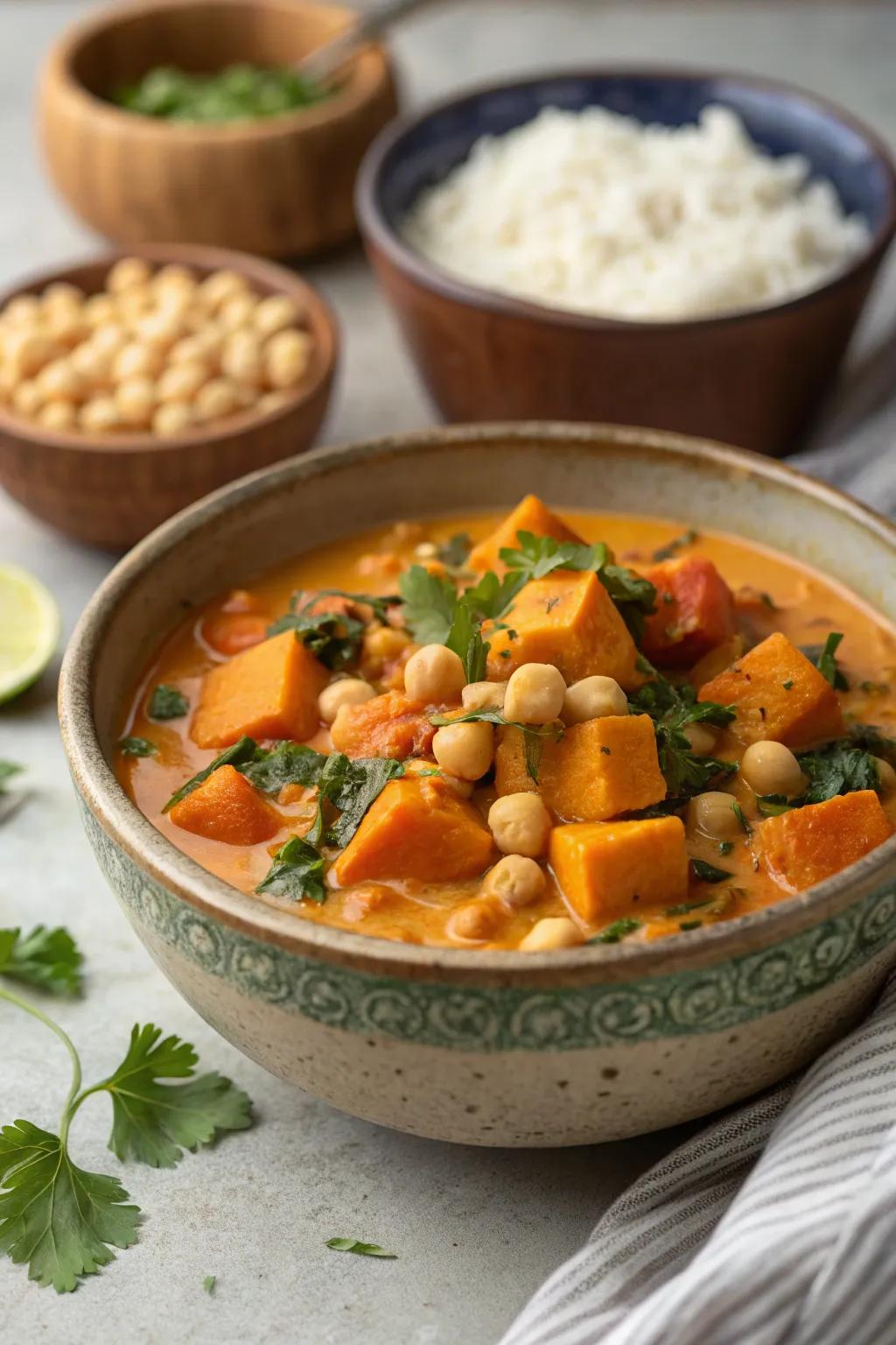 A sweet potato and chickpea curry, bursting with aromatic flavor.