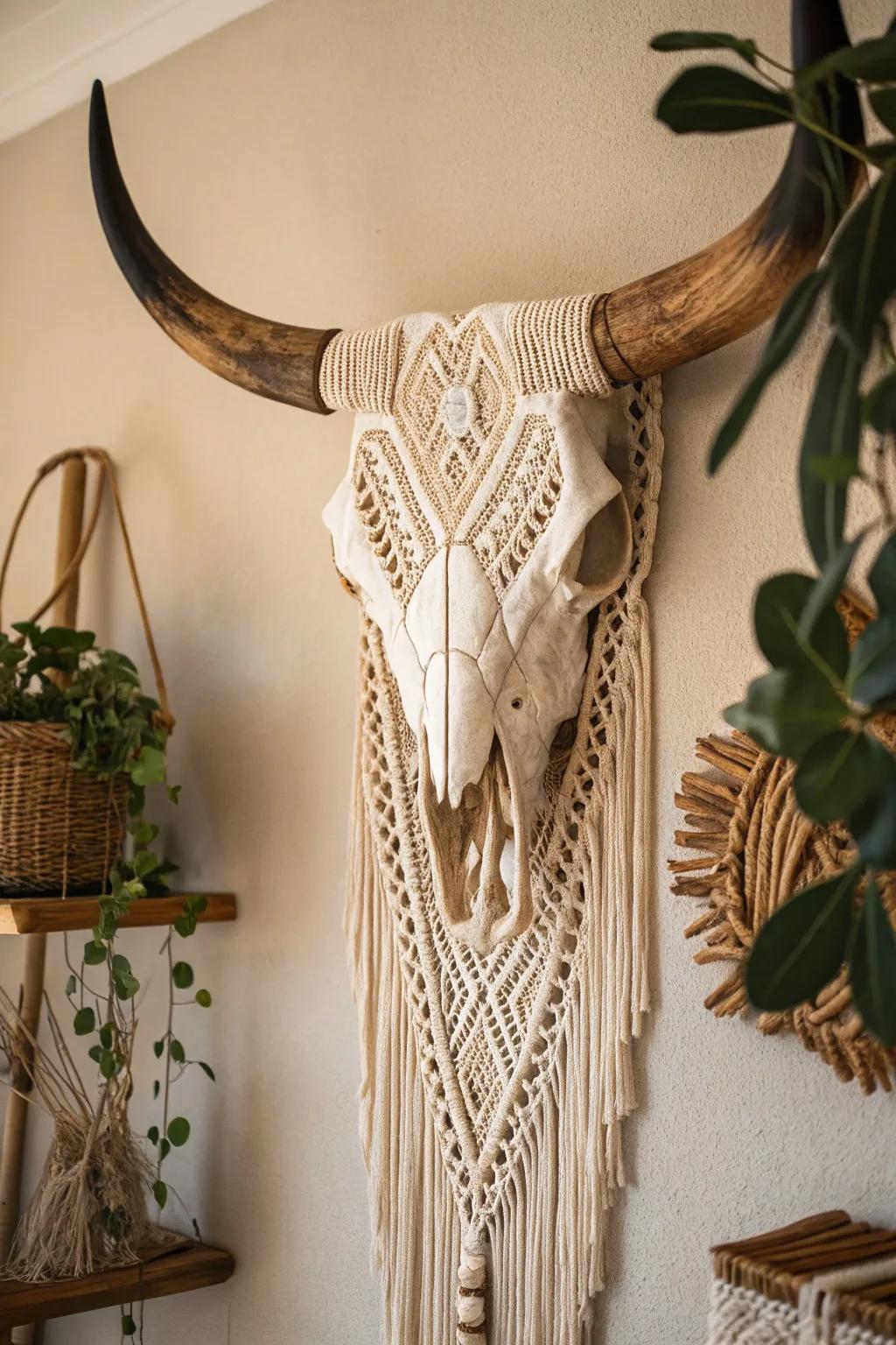 Free-spirited texture through knotted string and a bovine skull.