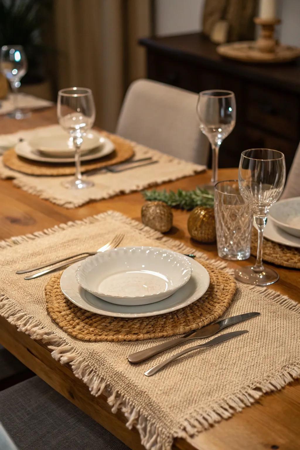 Hessian table mats offer a countryside dining experience.