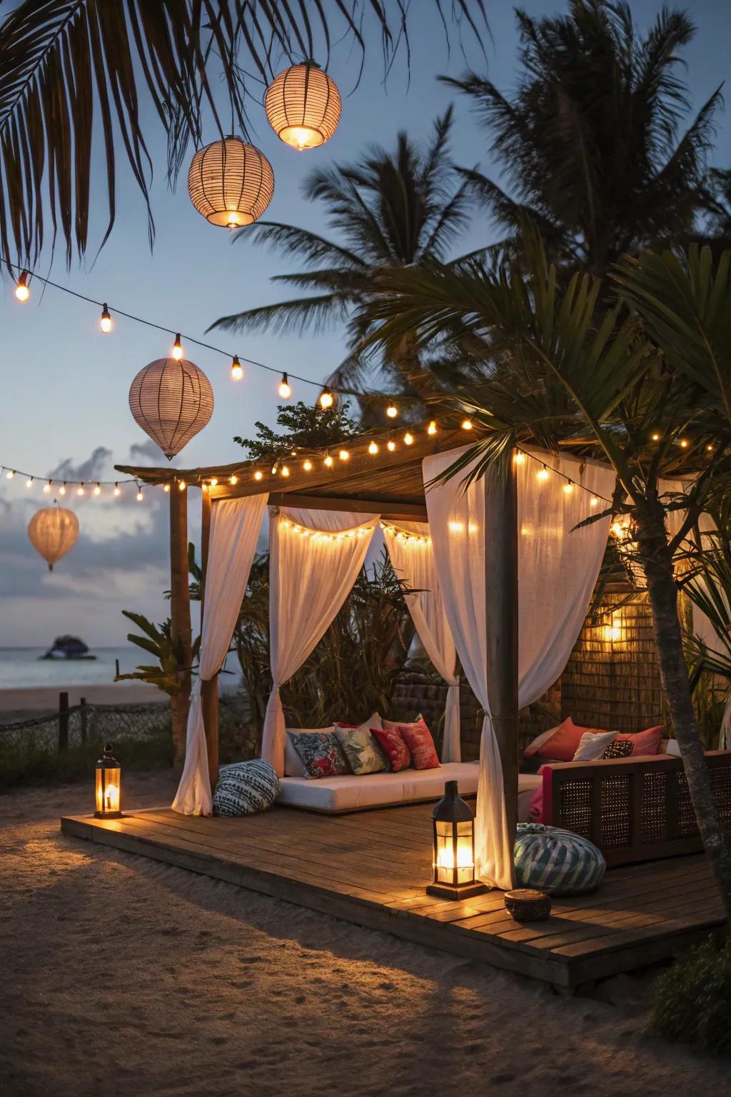 An enchanting cabana featuring decorative luminosity for ambiance.