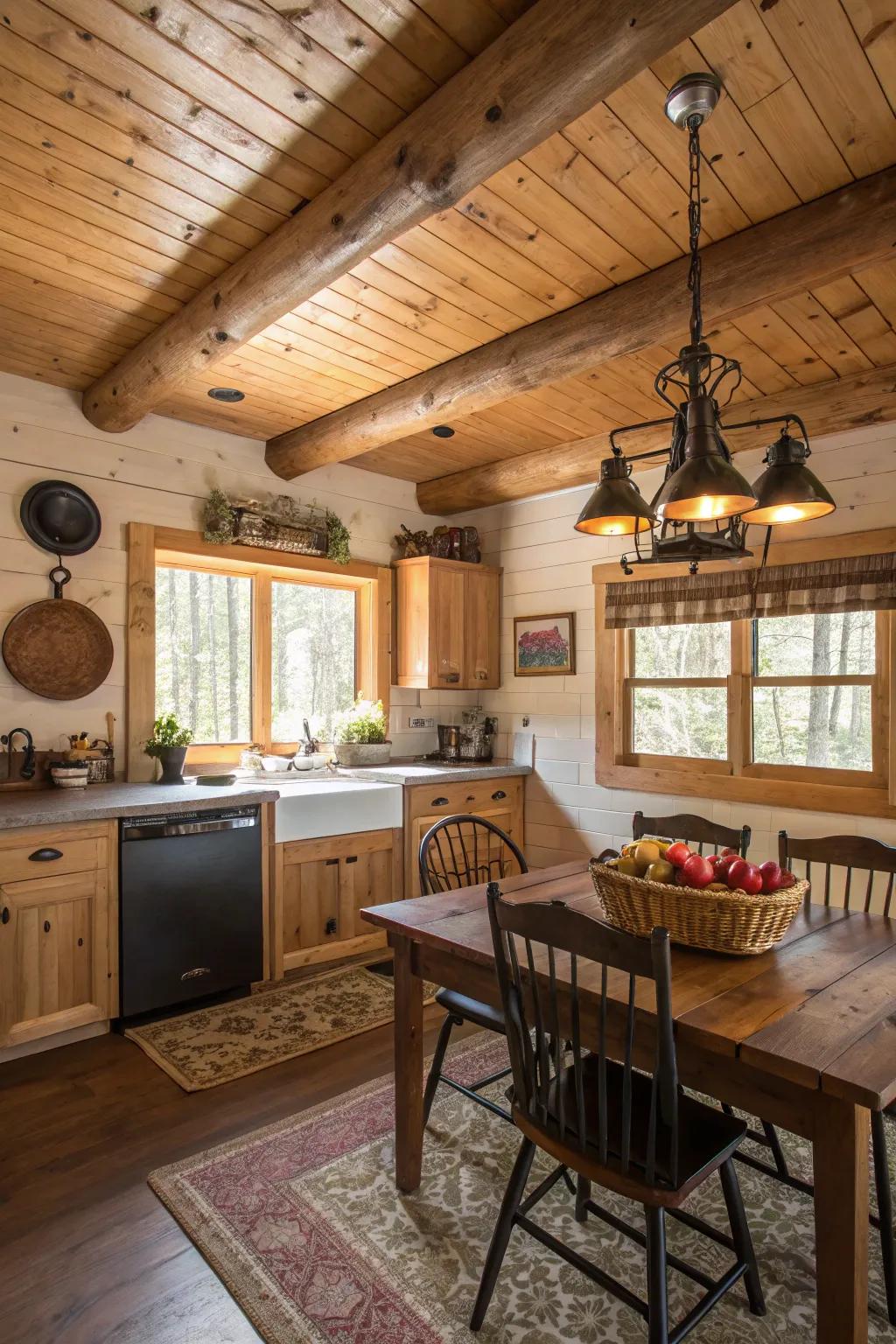 A wooden plank ceiling adds depth and warmth to a cabin kitchen.