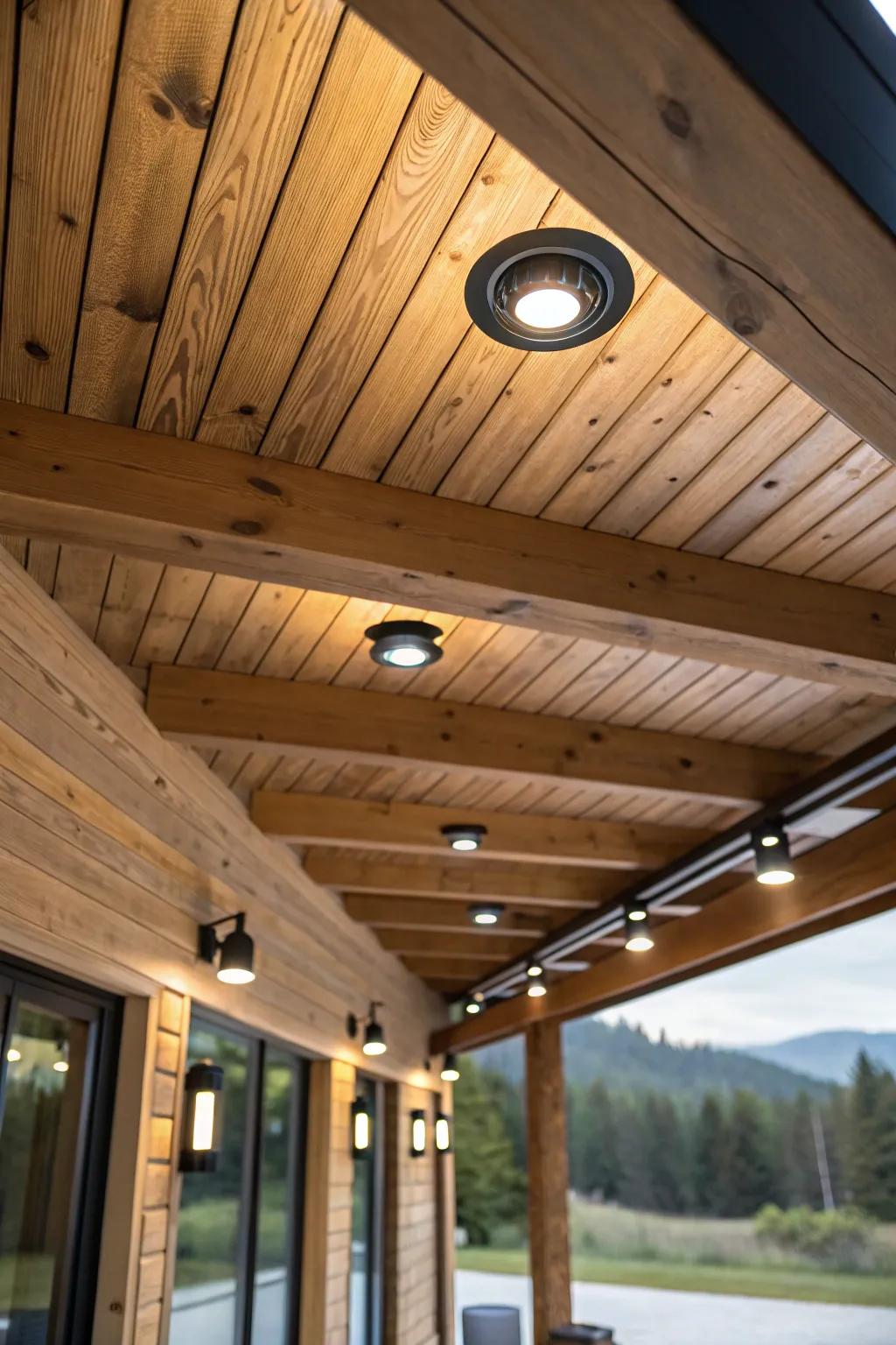 Recessed illumination crafts a smooth aesthetic inside a cabin's ceiling.