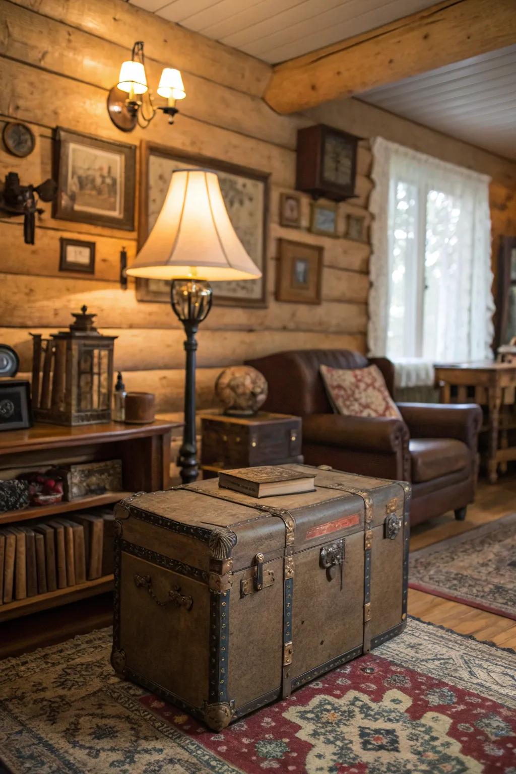 Vintage decor pieces inject personality and a nostalgic vibe into this cabin area.