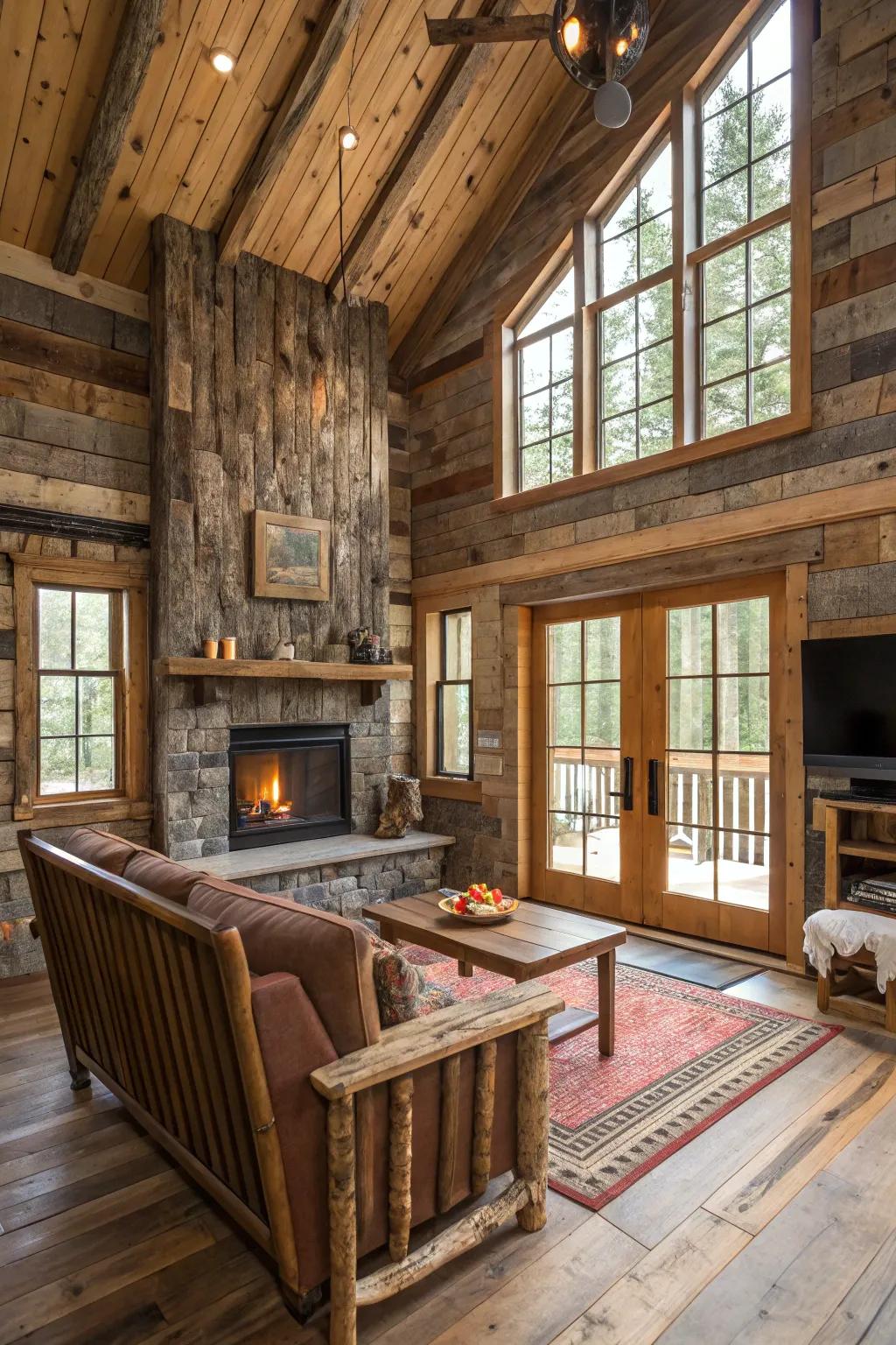Saved barn lumber including rustic appeal to the cabin wall surfaces.