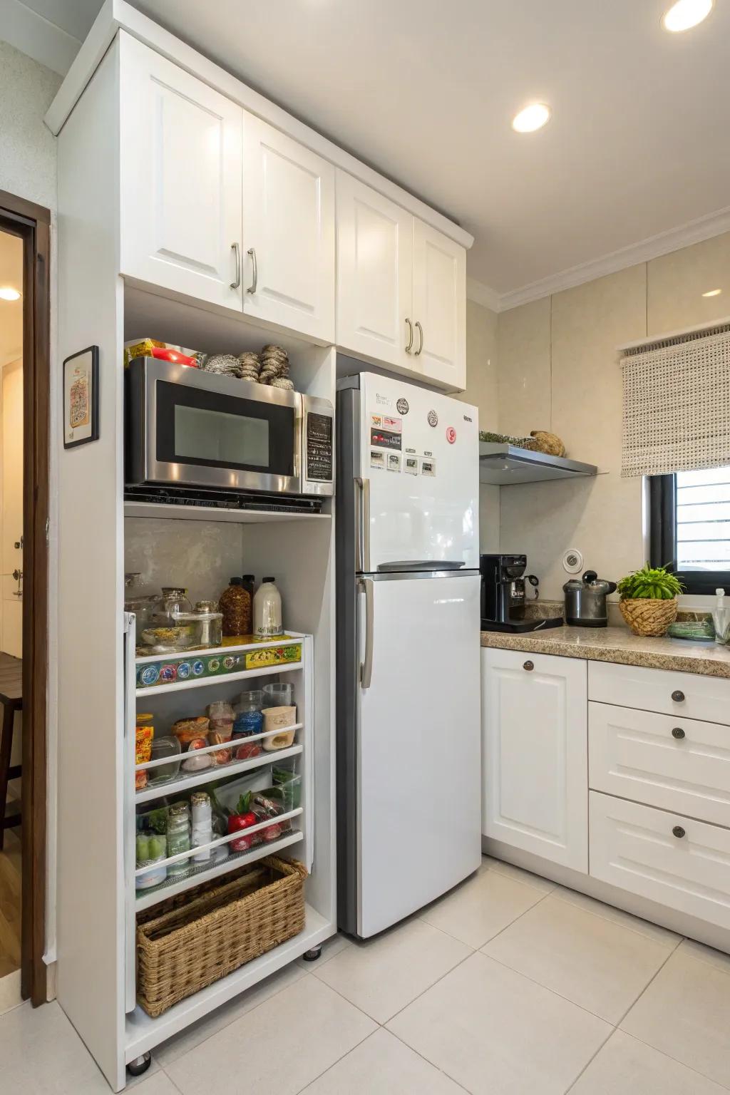 A microwave nook above the fridge helps save valuable countertop space.