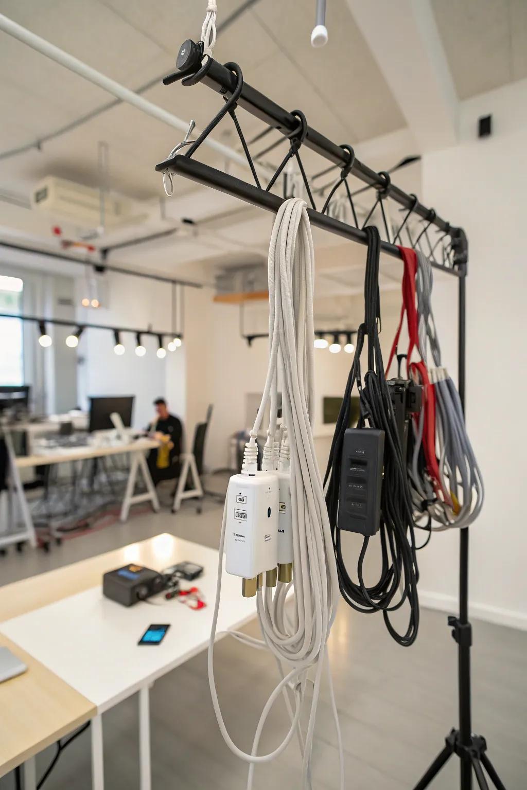 Hanging rack repurposed for cable storage.
