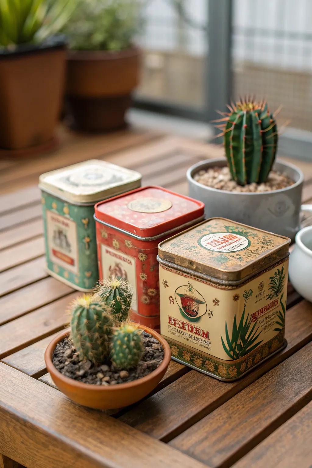 Vintage tea tins repurposed as charming cactus holders.