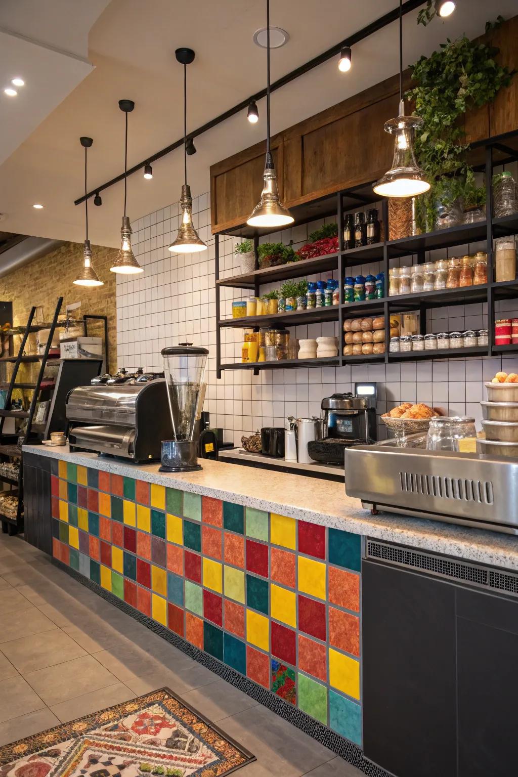 A bold backsplash adding personality to a cafe kitchen.