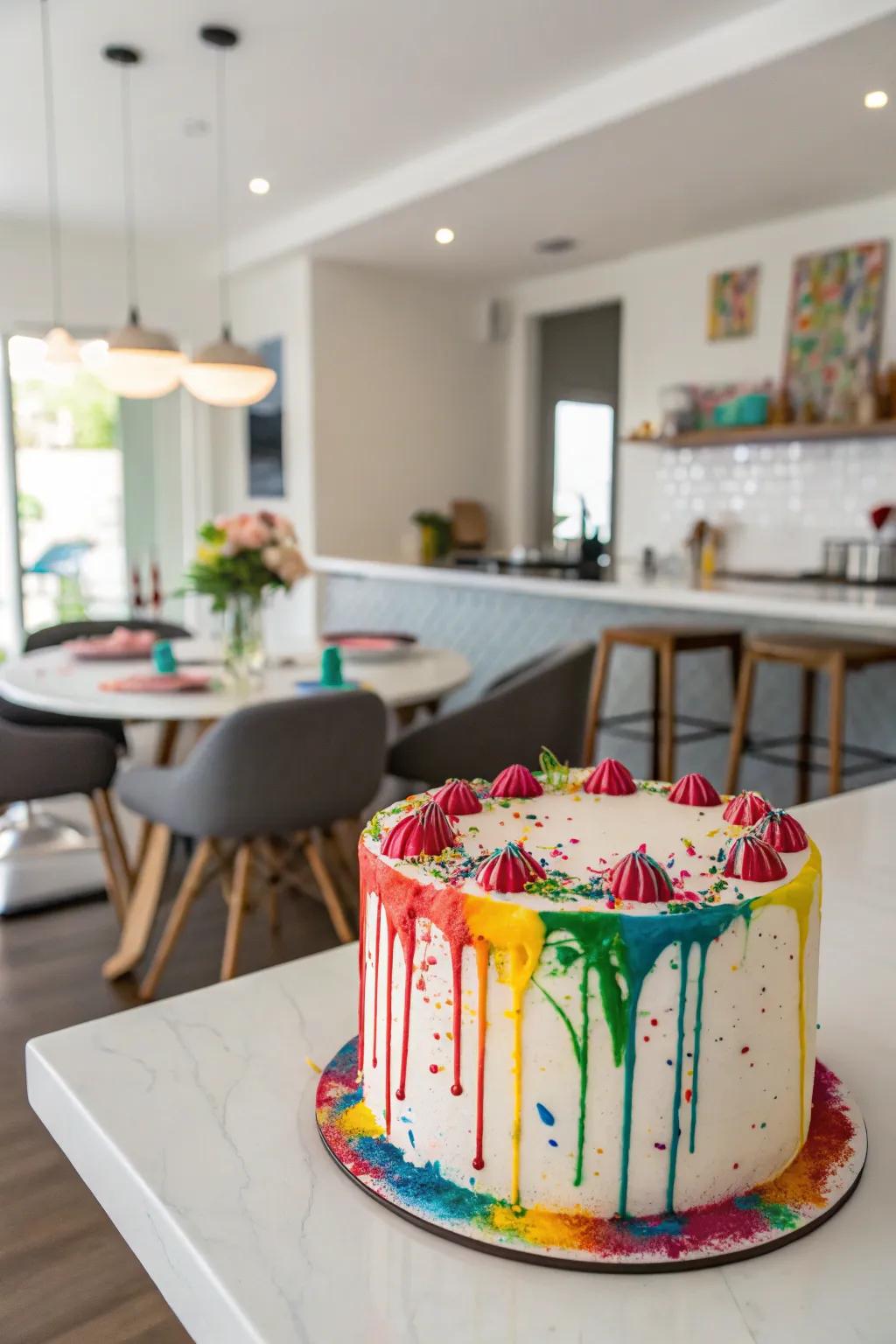 Modern and fun edible paint splatter on a sweet cream cake