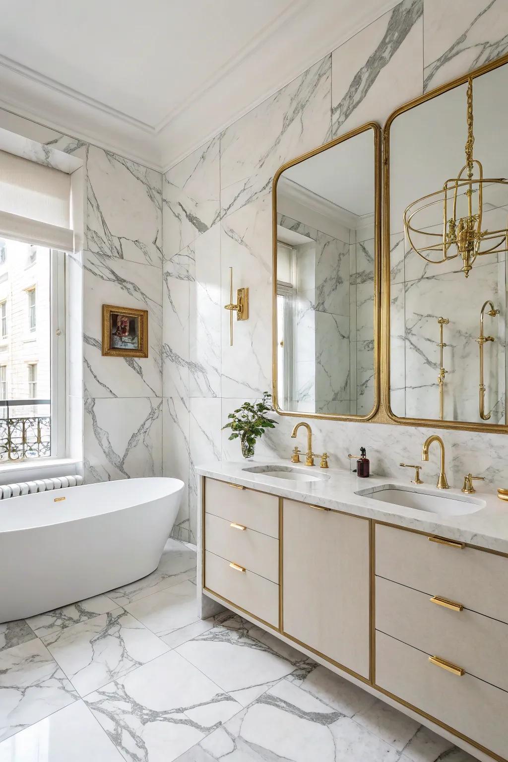 A deluxe bathroom with Ivory Coast marble tiles and gold features.