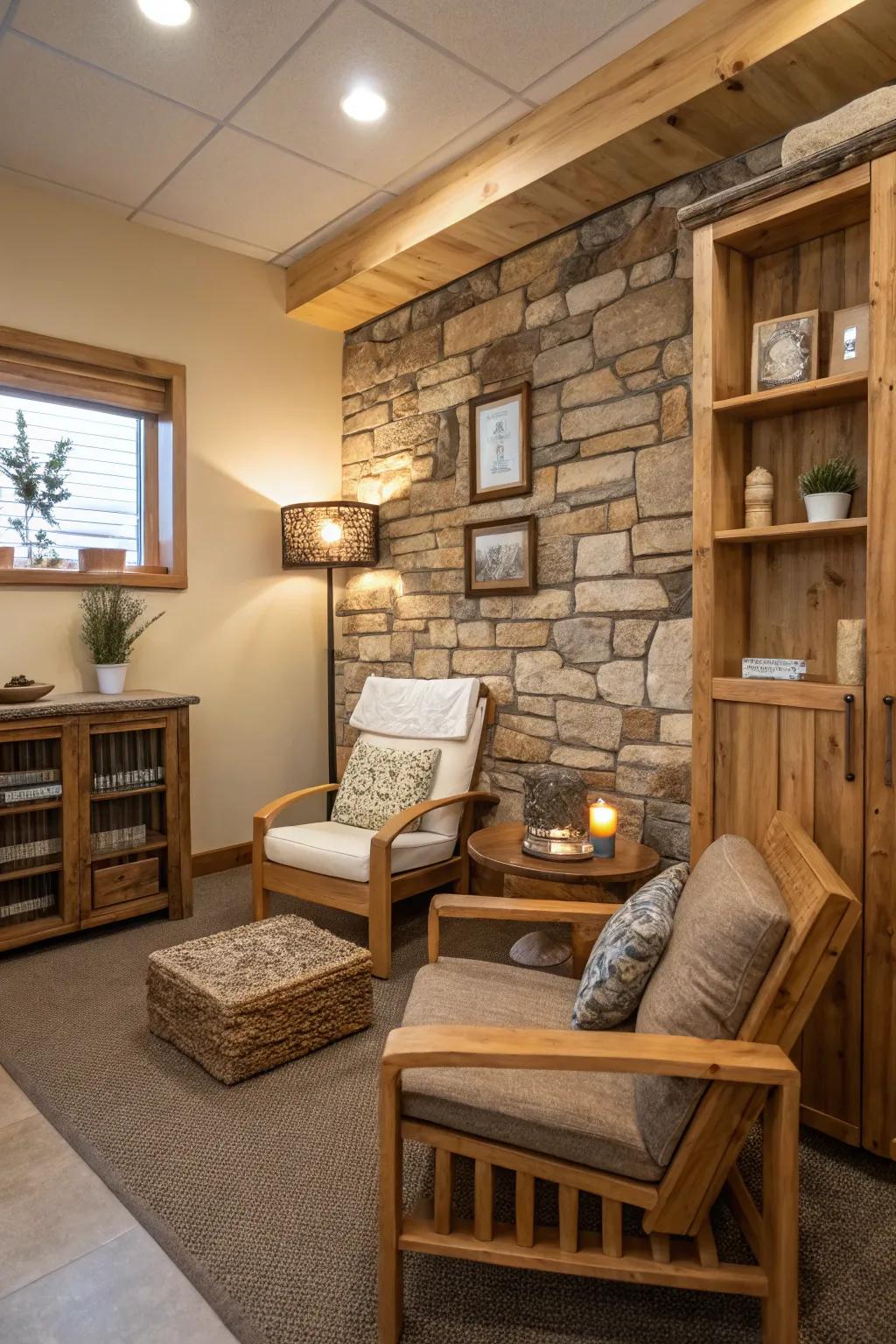 Earthy materials contribute to a grounding environment.