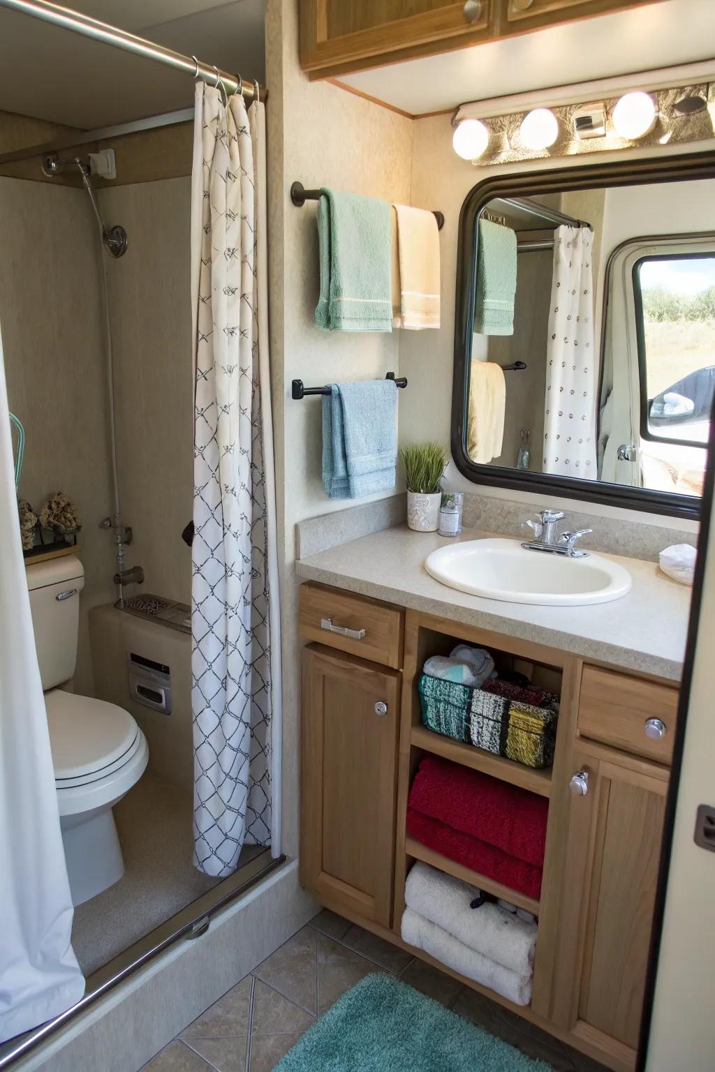 Tension rods offering flexible storage solutions in a camper bathroom.