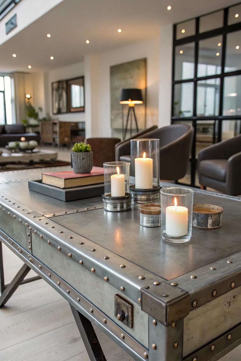 Candle centerpieces get a modern edge with industrial elements.
