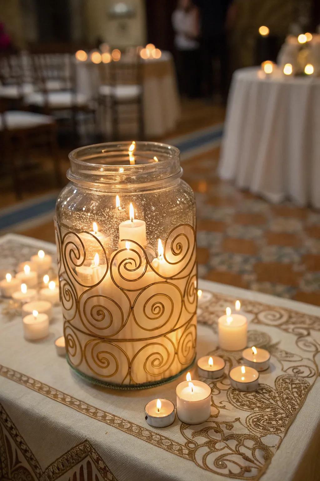 A decorative whirling candle setting within a vessel.