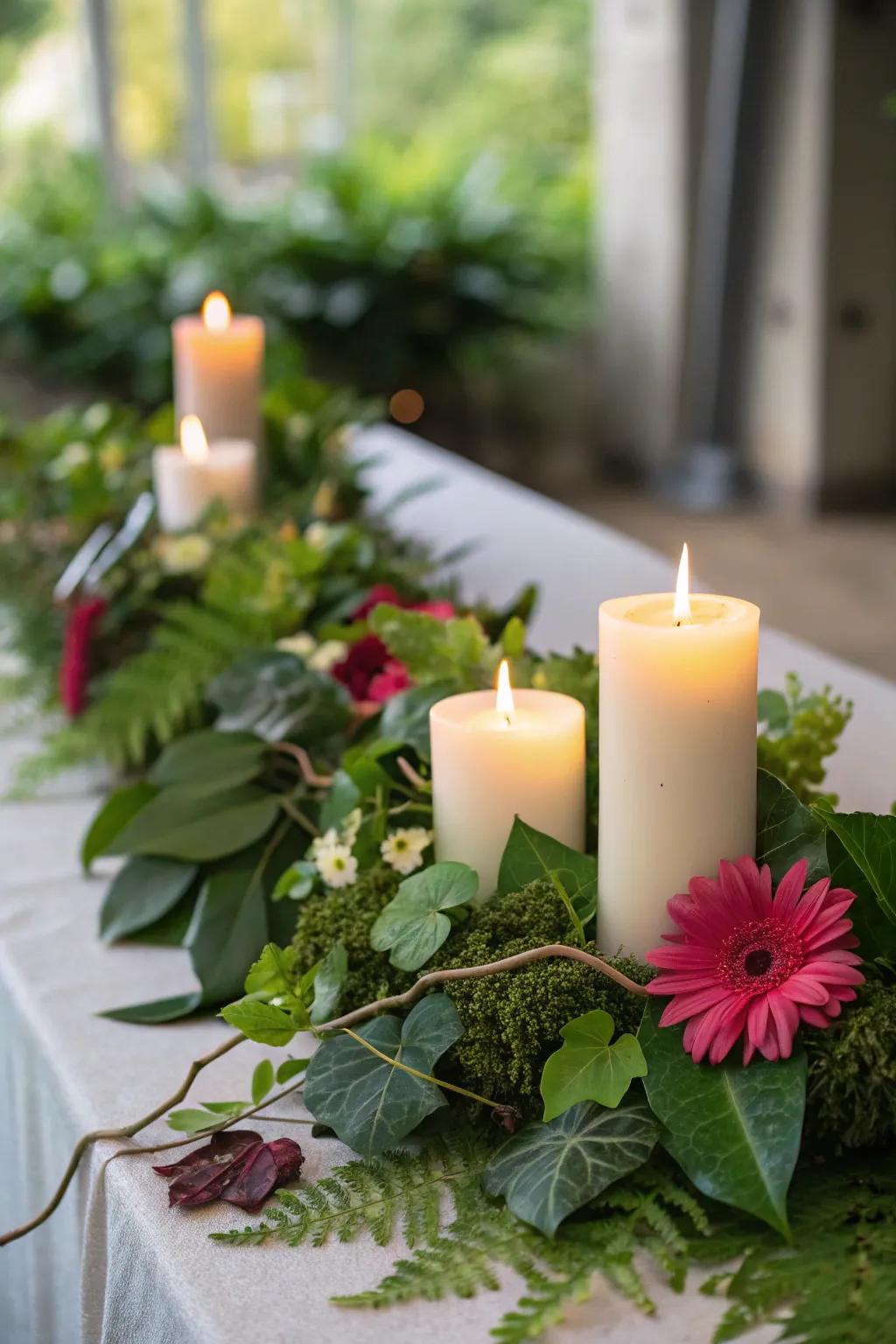 Candles among abundant foliage for a vibrant setting.