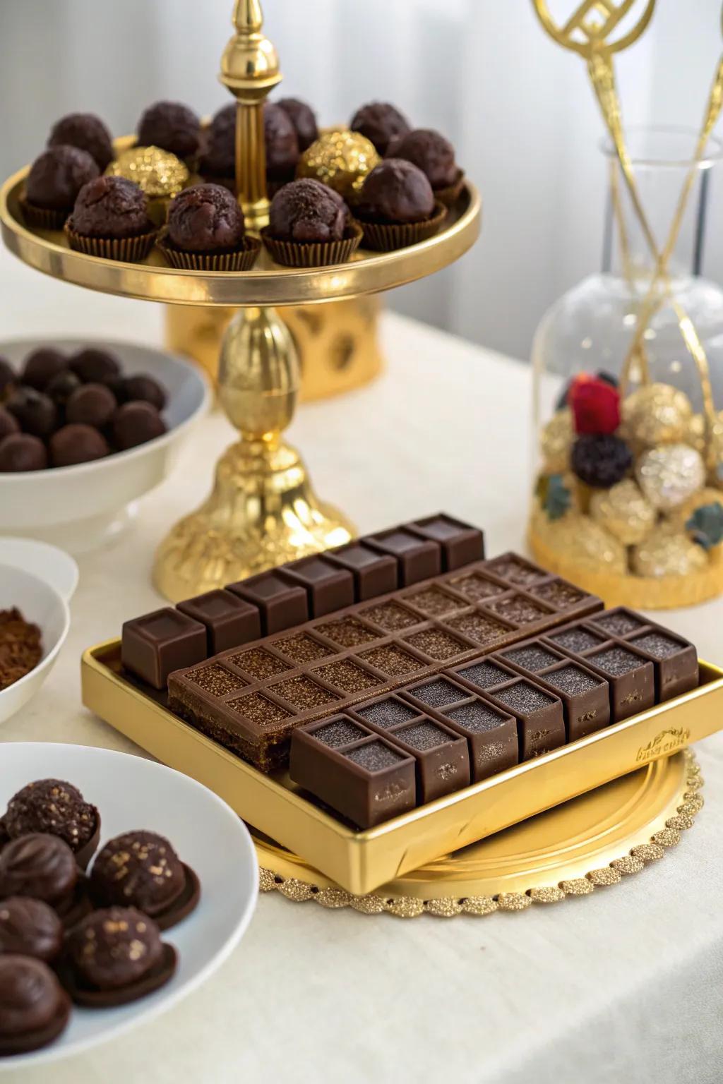 A luxurious chocolate candy bar filled with rich treats and elegant decor.