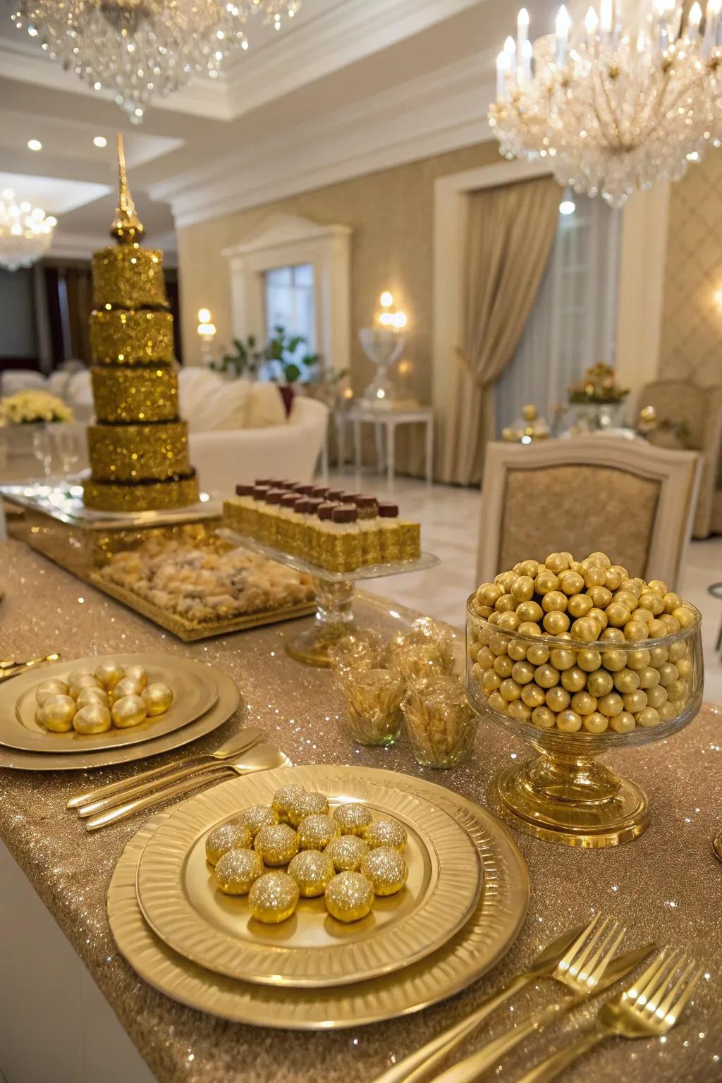 A glamorous gold dessert buffet for a touch of luxury.
