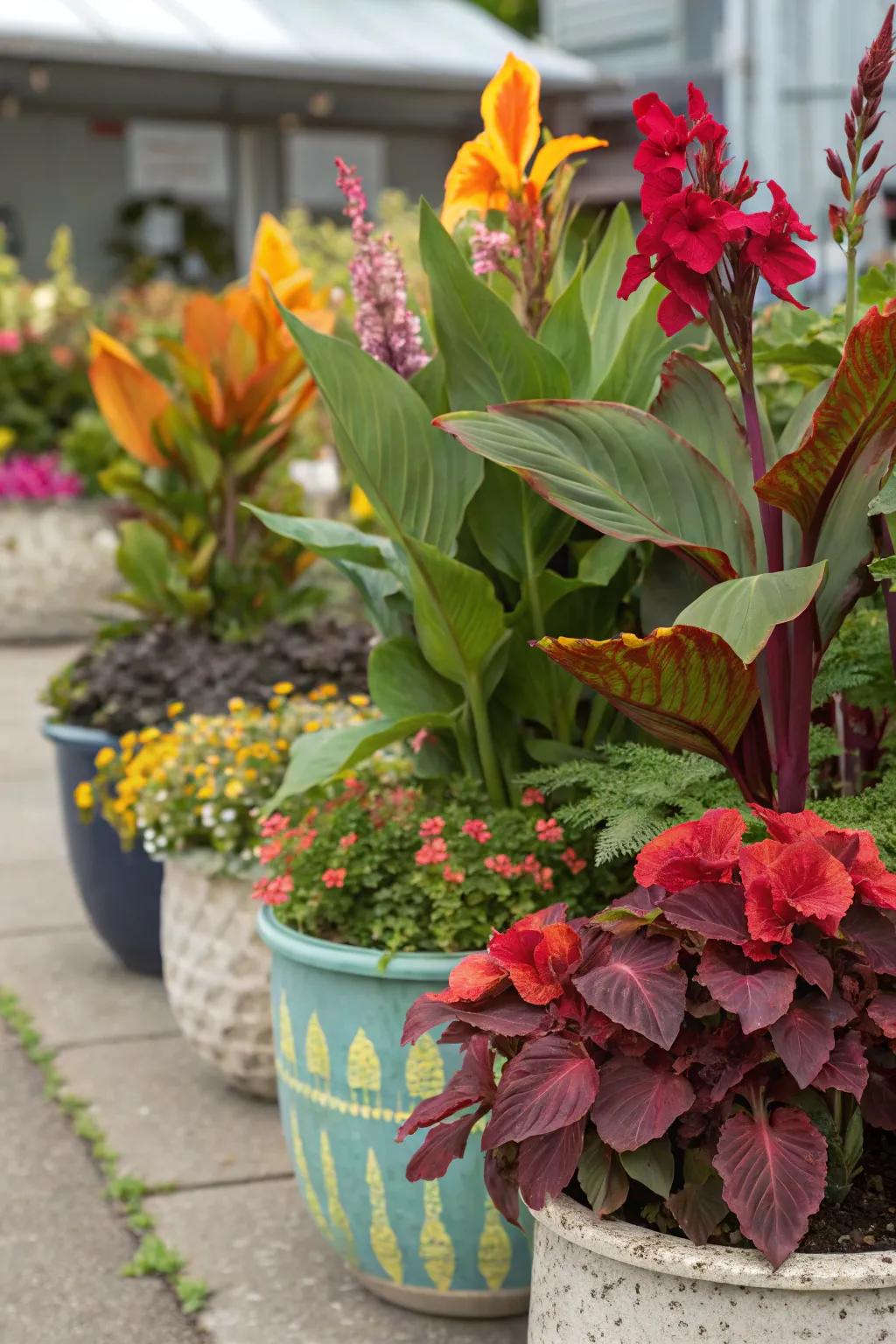 A masterful combination of scarlet blossoms, coleus, and begonias.