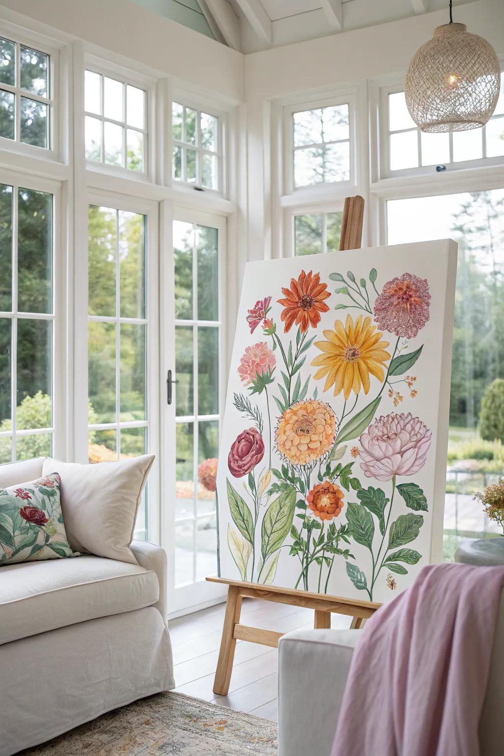 Floral canvas in a bright living room