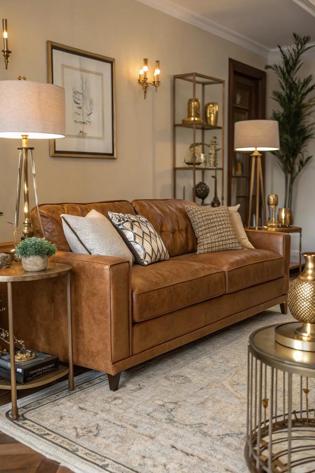Metal accents introduce a hint of sophistication to a honeycomb sofa setting.