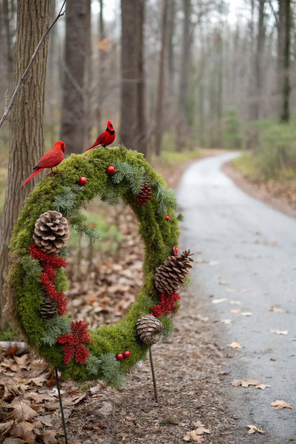 A woodland-inspired wreath with cardinals for a natural touch.