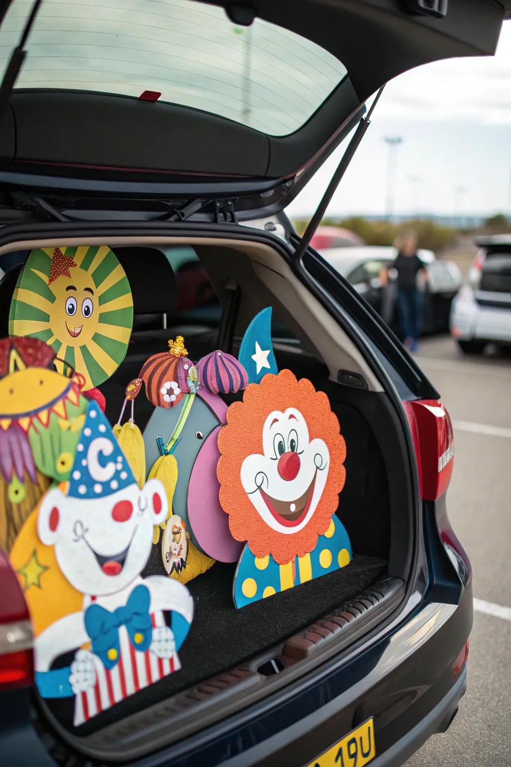 A playful trunk featuring character cutouts, giving personality to the carnival theme.