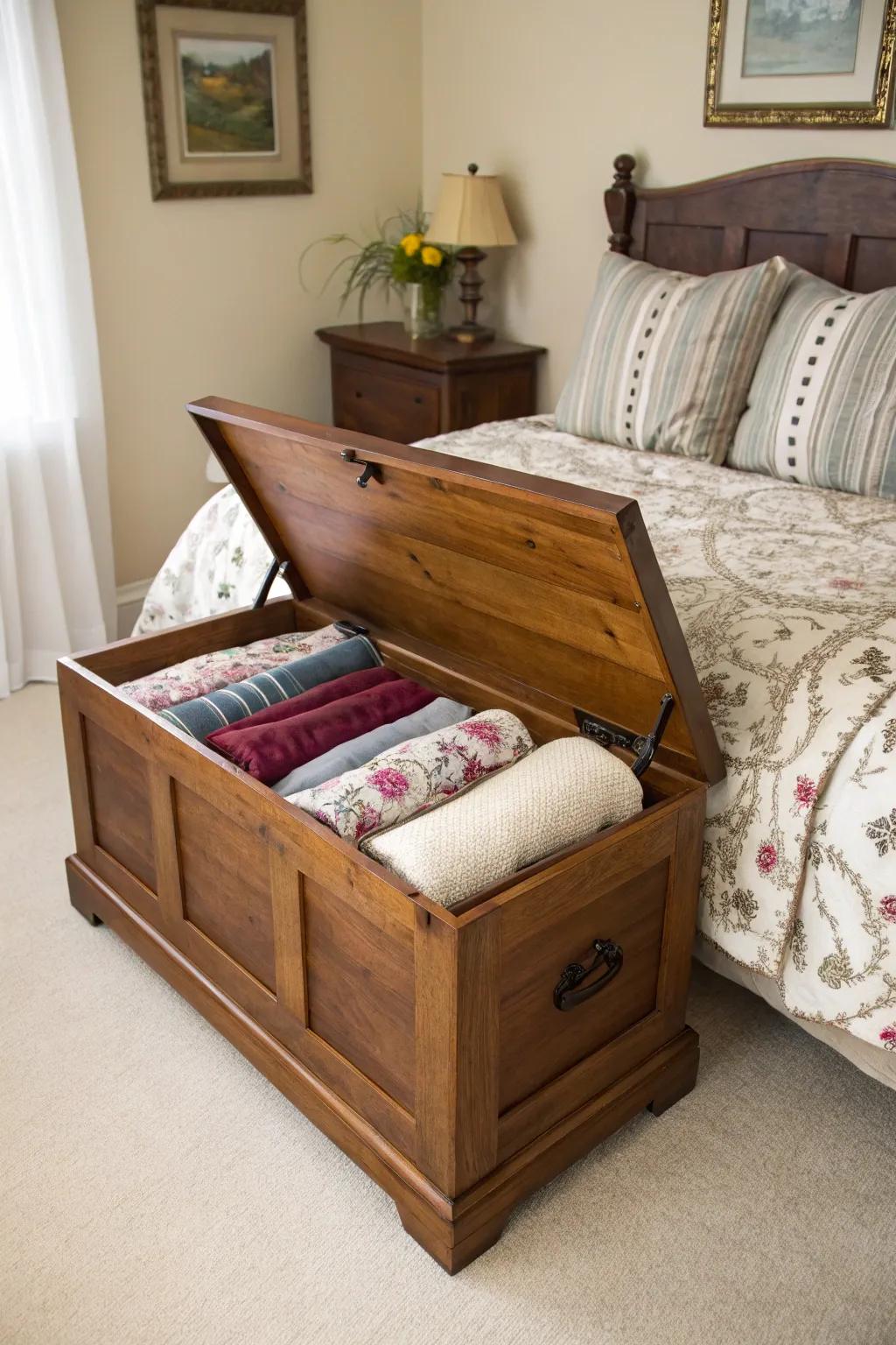 An antique storage chest provides fashionable additional seating in any space.
