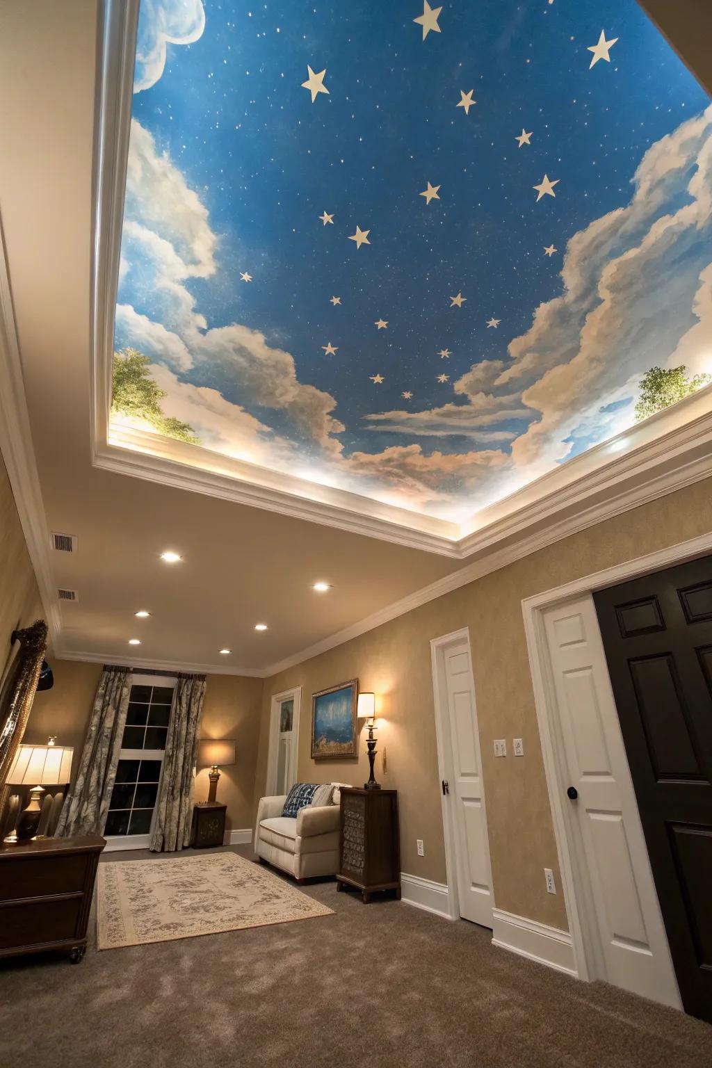 A bespoke fresco metamorphoses your ceiling into an artistic showpiece.