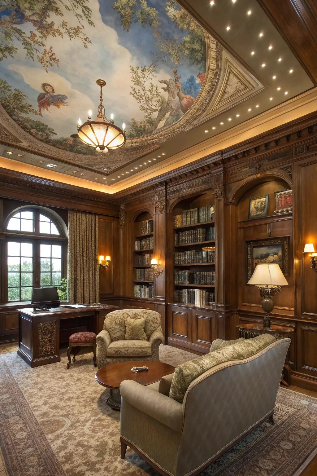 Bespoke murals convert ceilings into striking works of art.