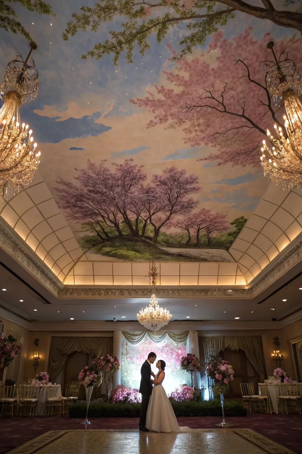 Ceiling murals create a unique atmosphere.