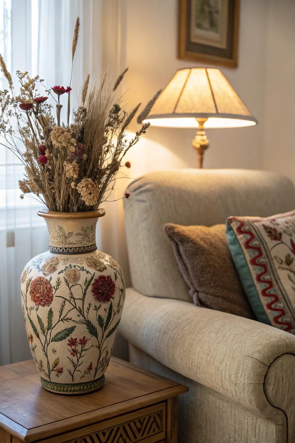 A ceramic vase adds charm to a cozy reading nook.