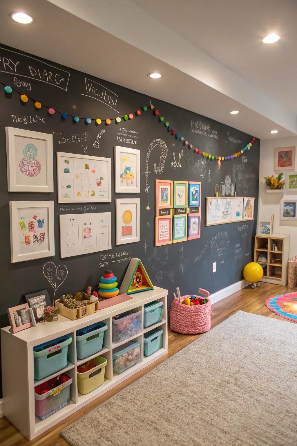 An art display chalkboard wall displays creativity.