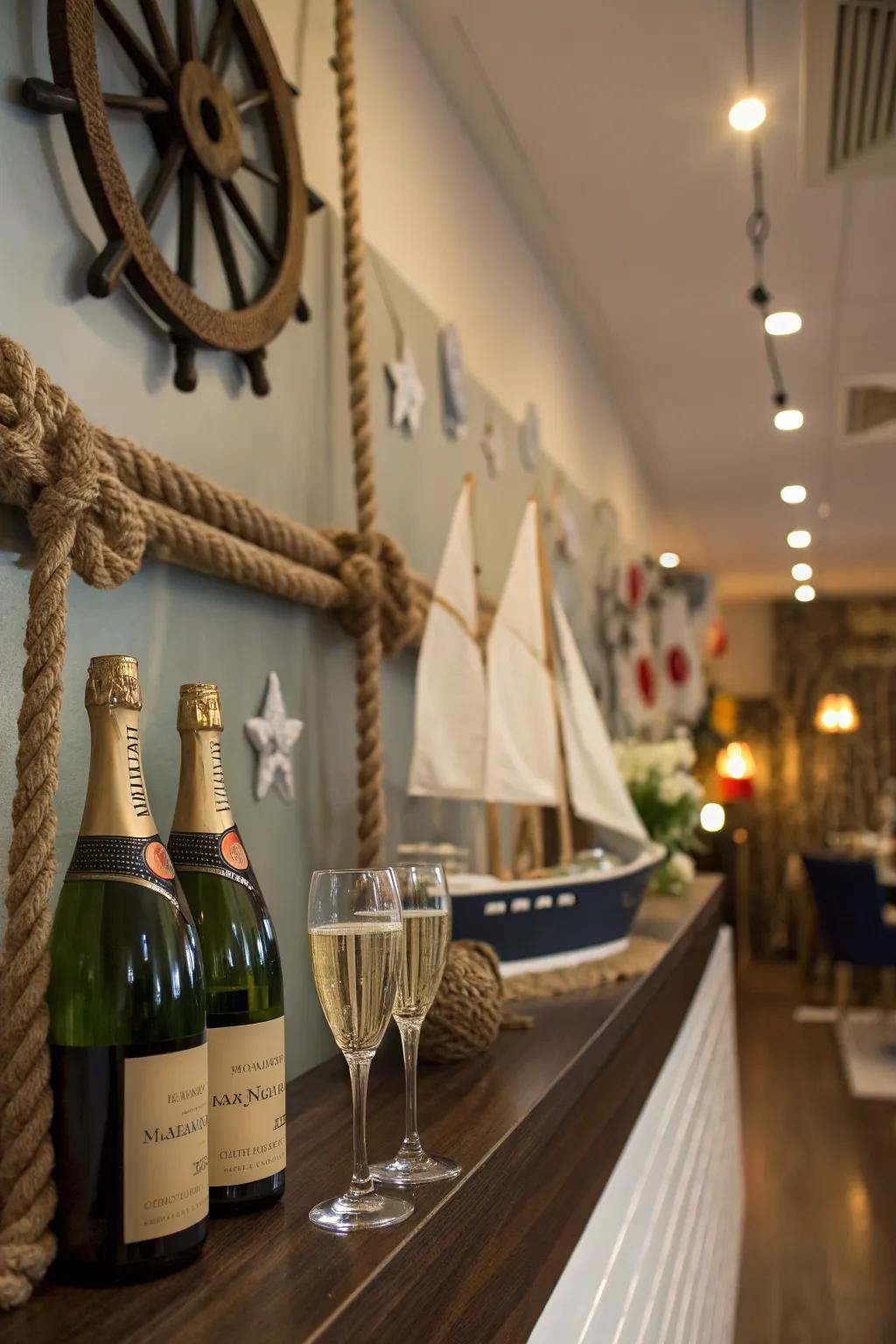 Themed ornamental components enhance this sparkling wine station.
