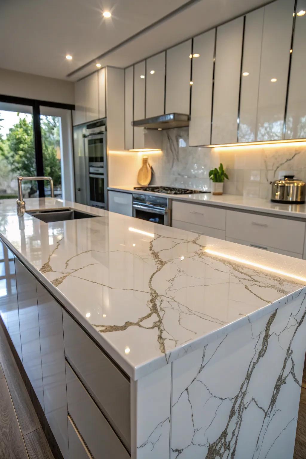 Fashionable kitchen with lustrous epoxy laminated surfaces.