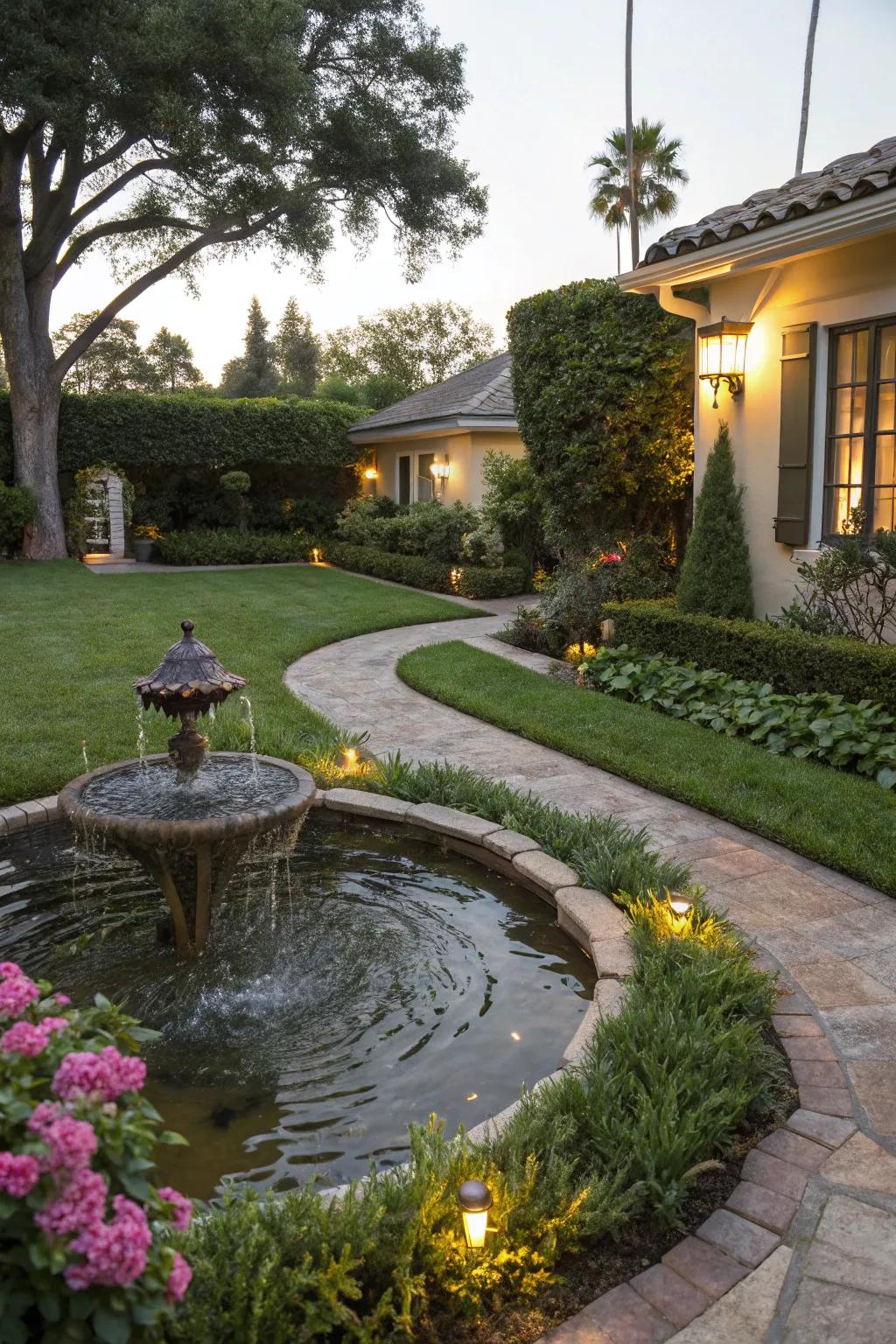 A focal water piece appends a calming and elegant touch.