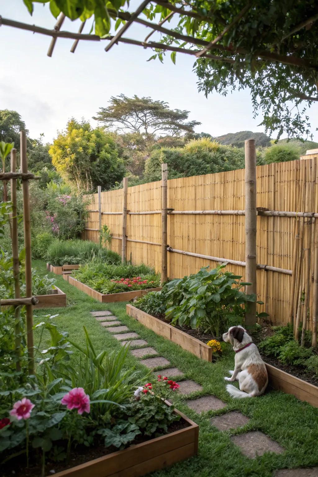 Bamboo fencing furnishes an eco-friendly and chic solution for dog containment.