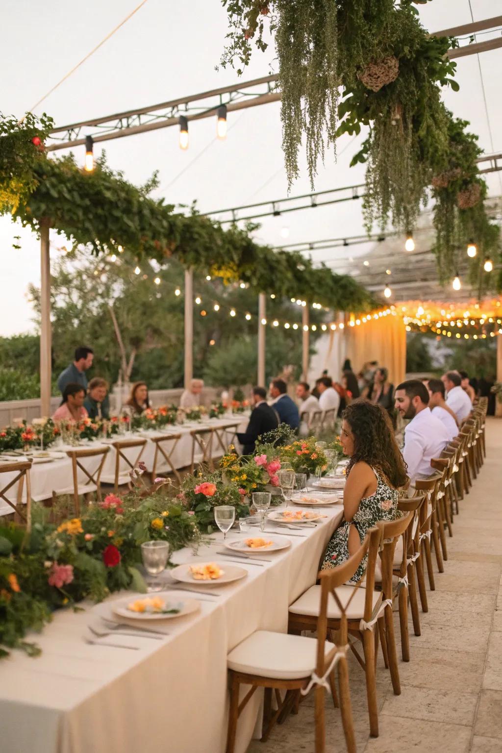Verdant swathes gracefully adorning lengthy wedding tables.