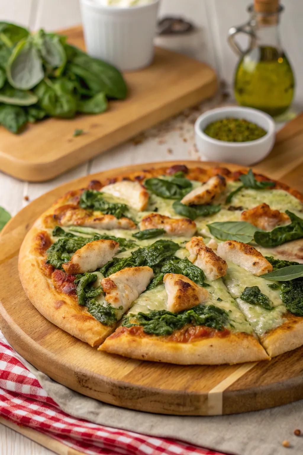 Poultry greens pesto flatbread, a bold twist on the classic.