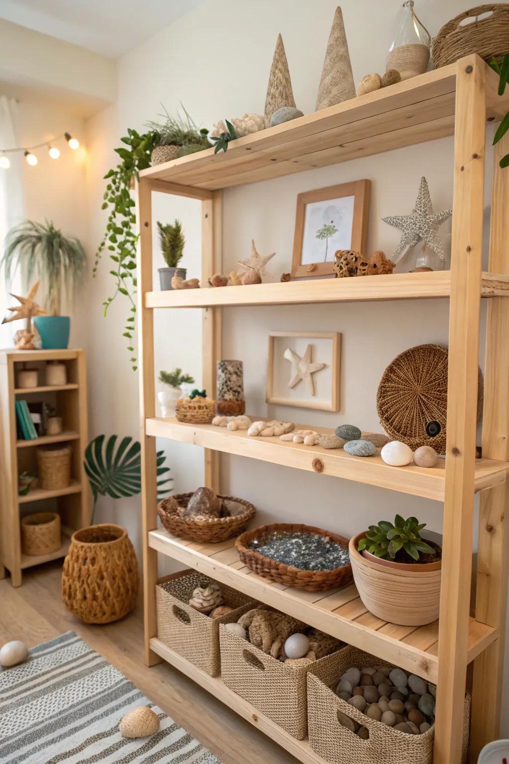 Wooden shelves offer an eco-conscious and natural touch.