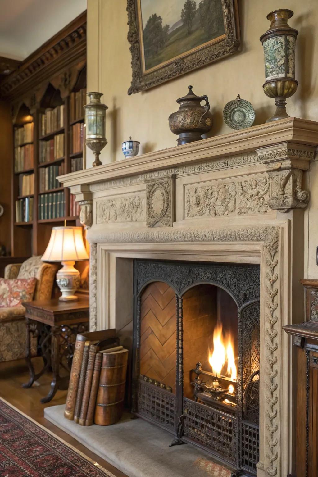 Vintage aspects positioned around the fireplace add historical warmth and personality.