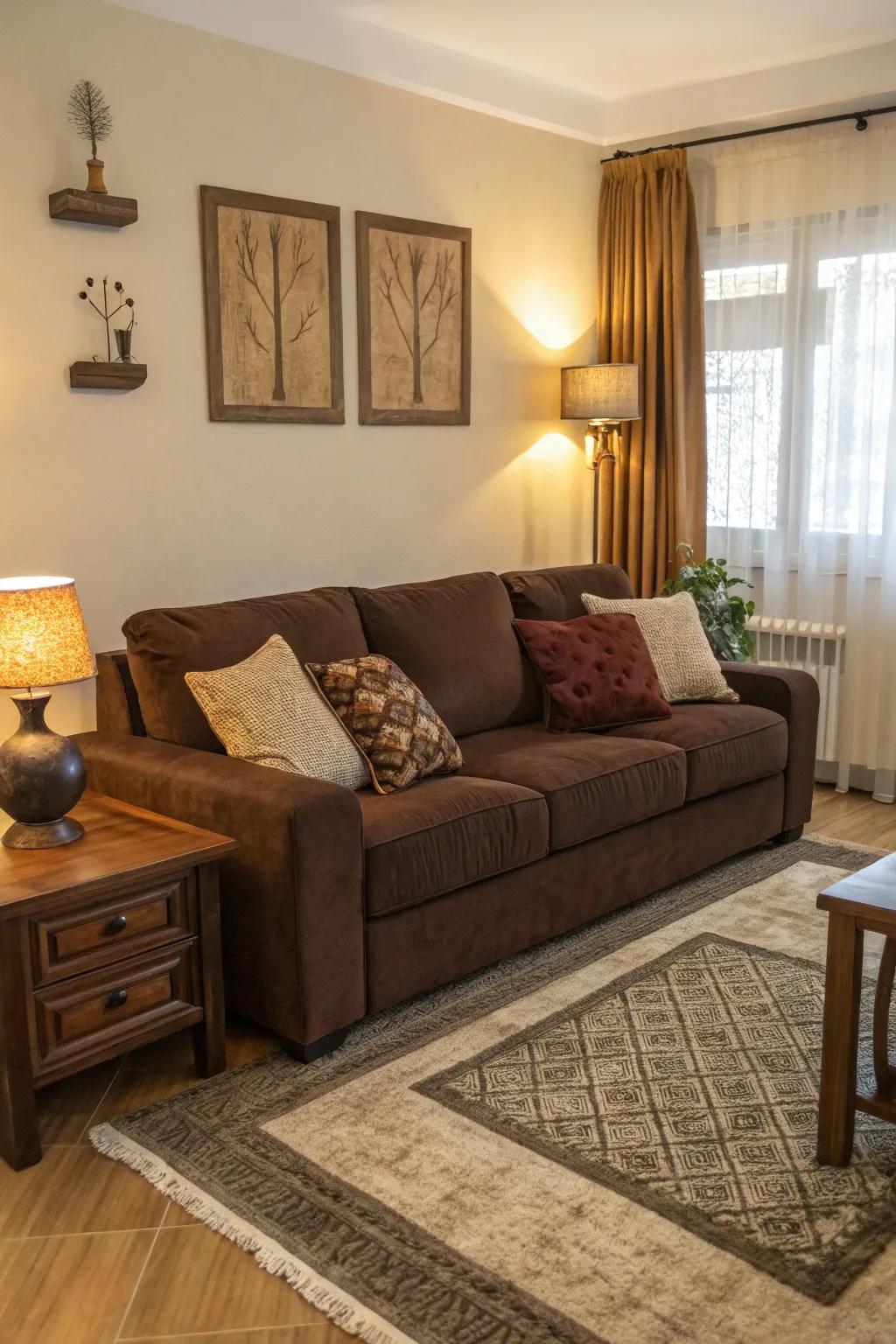 A striking single-color arrangement with varying shades of brown enhances the cocoa sofa.