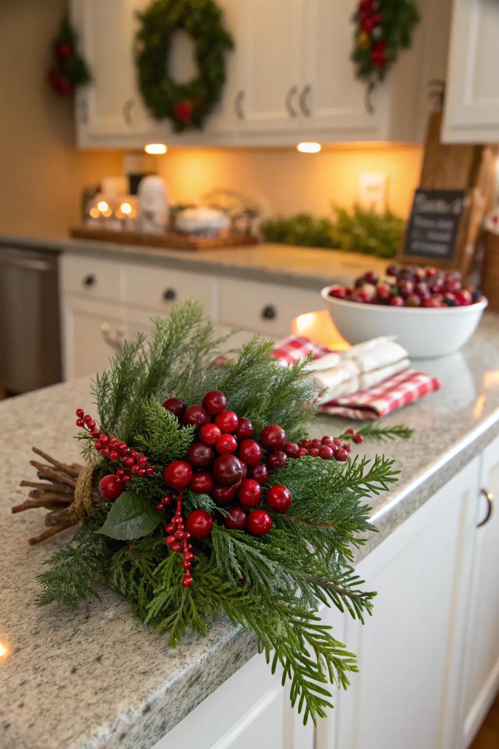A singular Christmas corsage showcasing cranberries and verdure.
