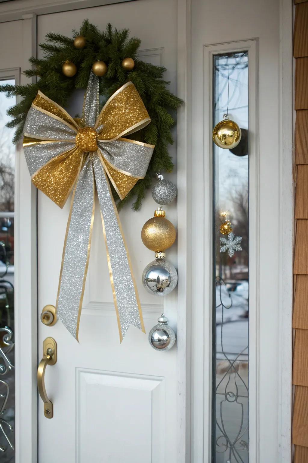 Glam up your entrance with a gold and silver bow.