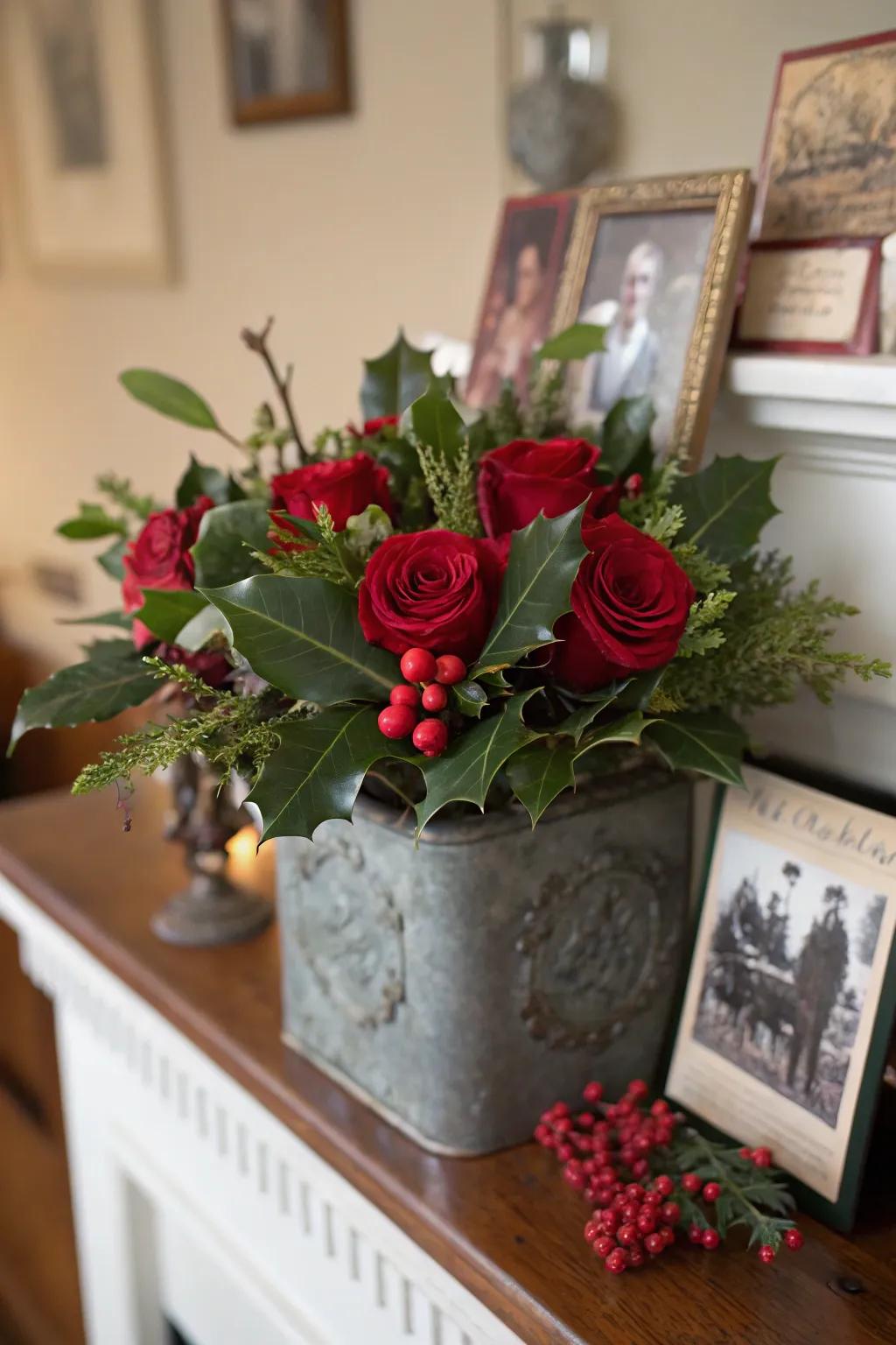 Old tins add a nostalgic charm to festive arrangements.