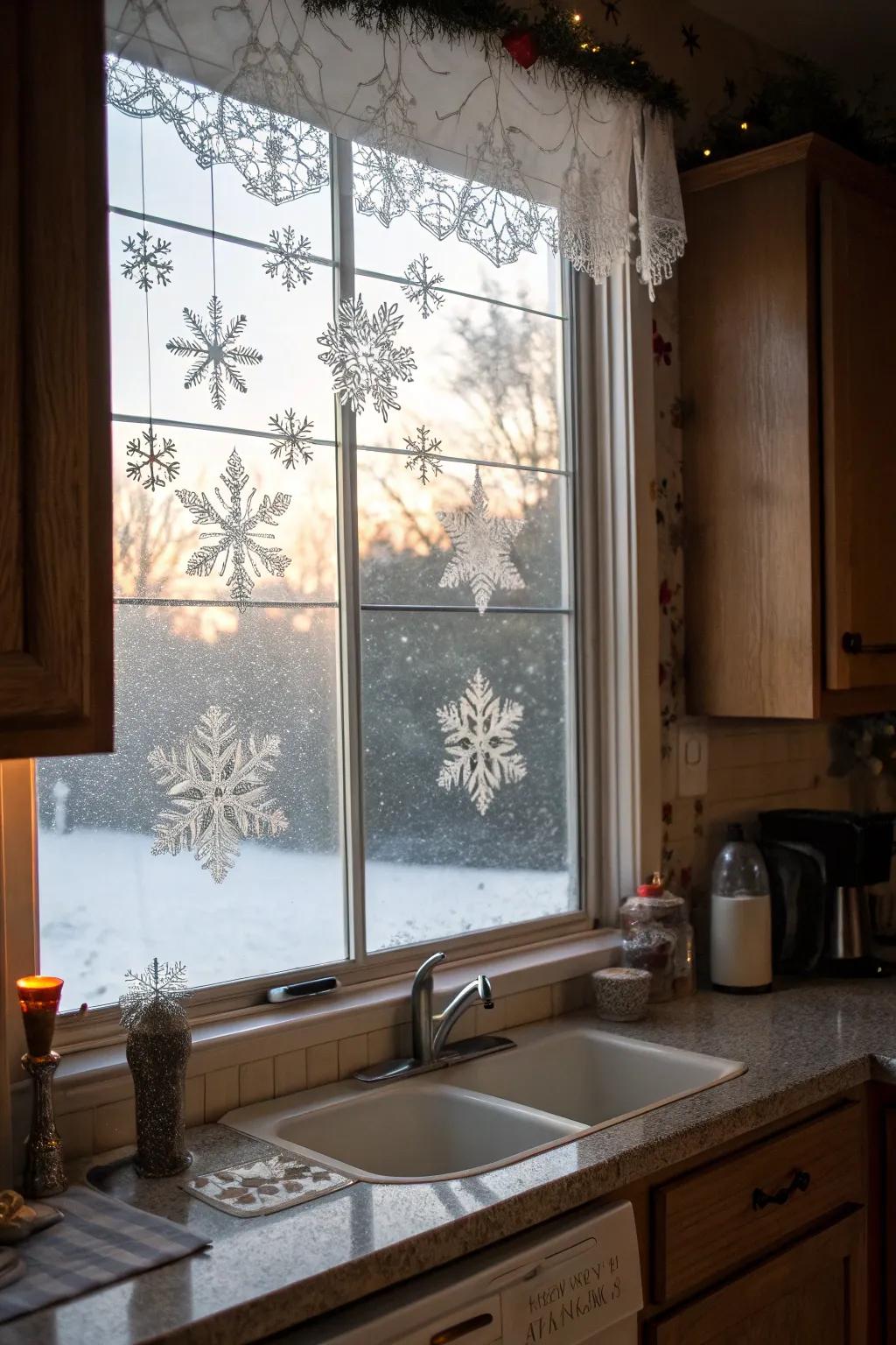 A winter wonderland at the kitchen window with snowflake decals.