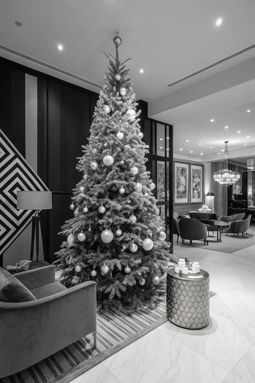 A black and white theme adds modern sophistication to your Christmas tree.