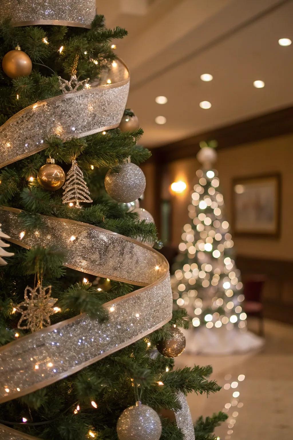 A Christmas tree featuring glittery ribbons, radiating vibrantly with a glamorous impression.