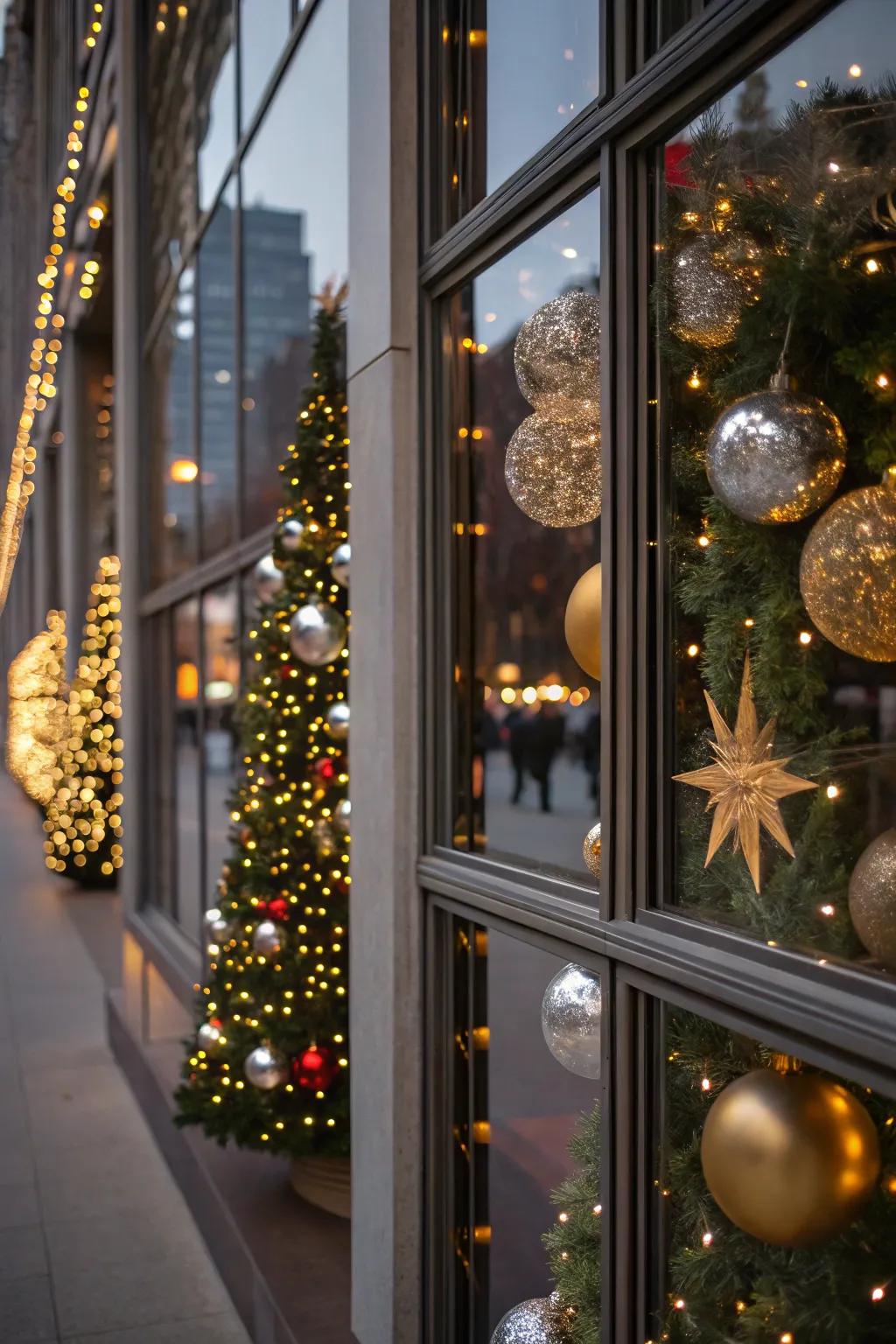 Mirrors craft an enchanting effect by reflecting lights and ornaments.
