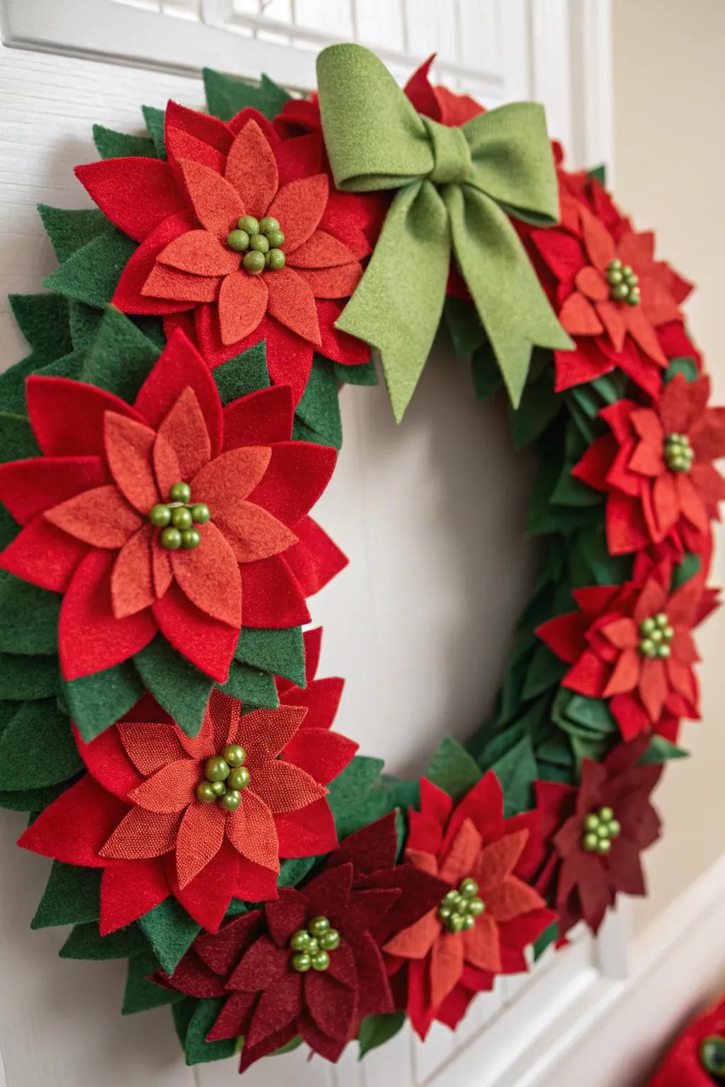 A bright and festive felt poinsettia wreath perfect for the holiday season.